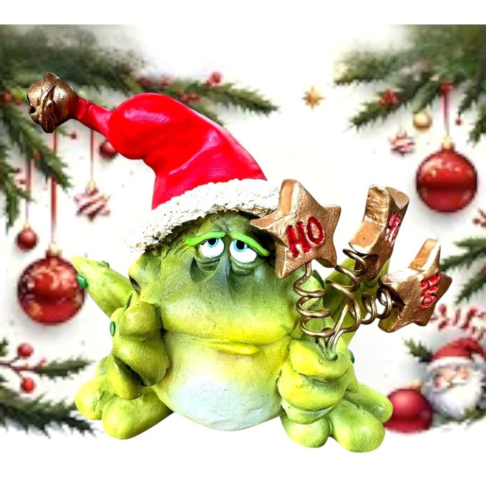 Vintage Russ Christmas Douglas Frog Figurine Ho Ho Ho Santa Hat Toad Gift Peace